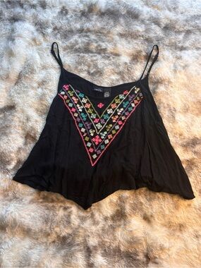 Rue21 Black Spaghetti Strap Tank with Colorful Geometric Embroidery